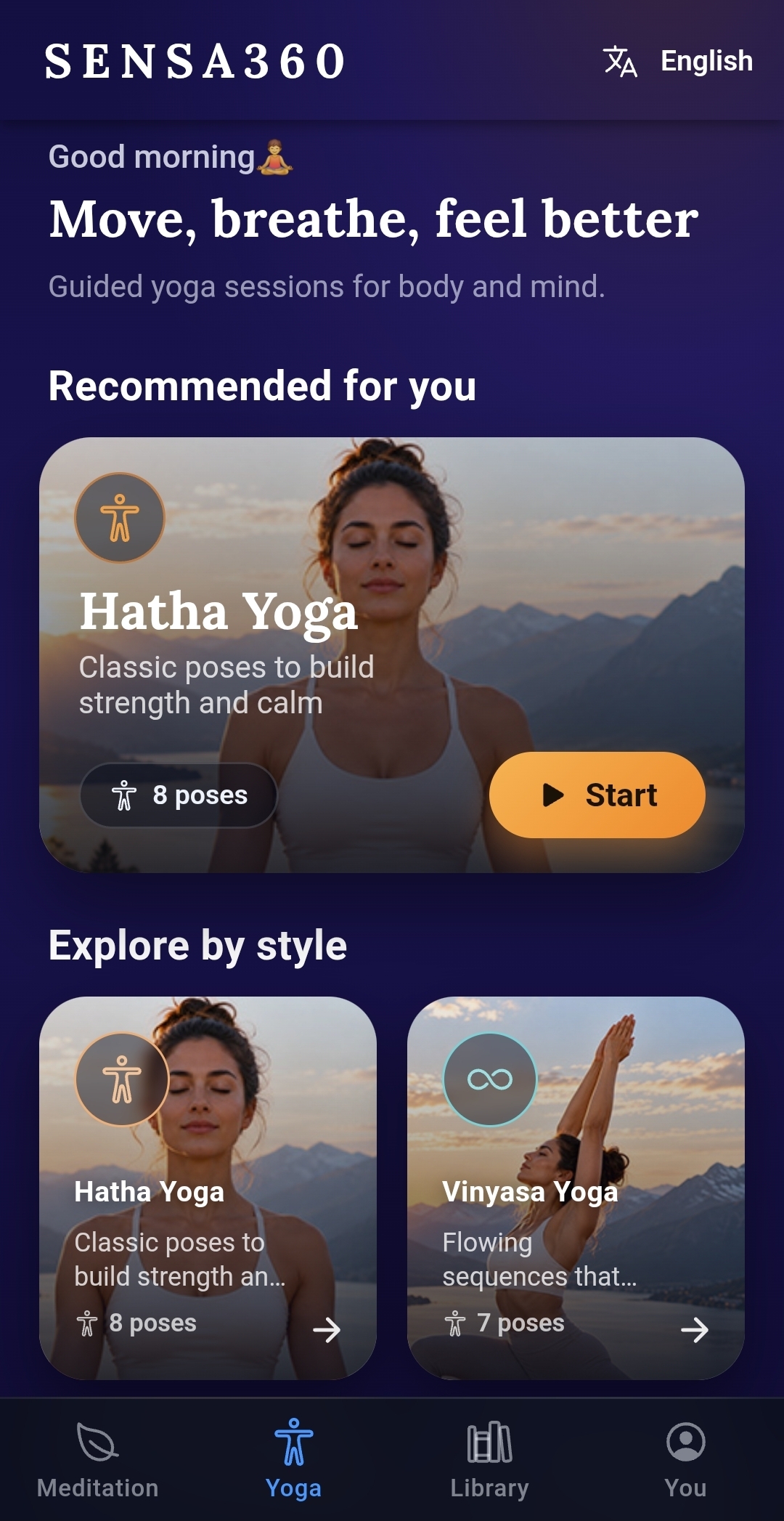 Sensa360 yoga screen with guided Hatha Yoga and Vinyasa Yoga sessions