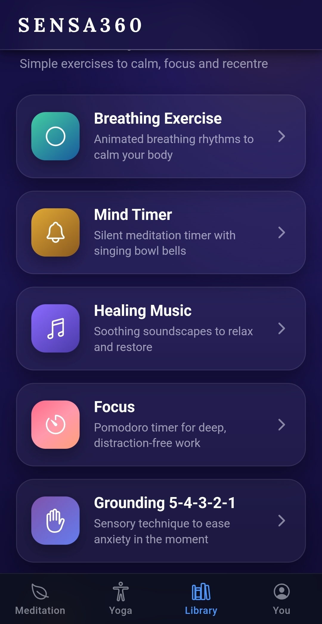 Sensa360 app screenshot – yoga and meditation library